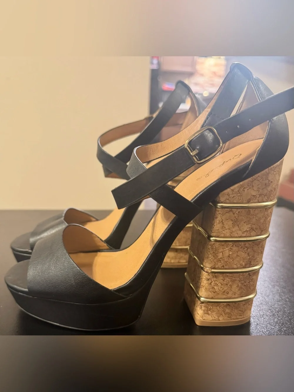 Qupid Black Platform Sandals with Cork Block Heel and Gold Accents